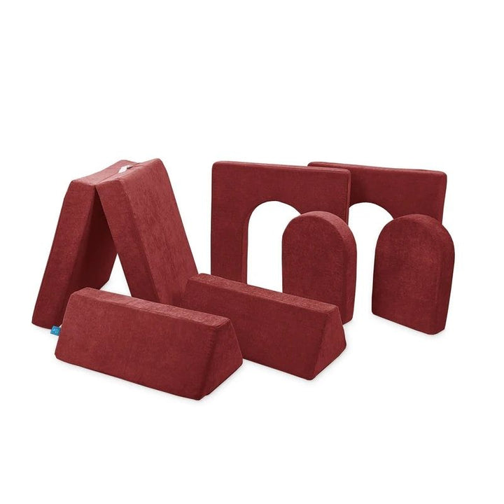 Go Coconut Builder Bundle in Brick Red showing the CertiPUR-US certified foam play couch with 2 flat top beams, 1 solid thick base, 2 thin walls, and 2 doors for fort building and creative play