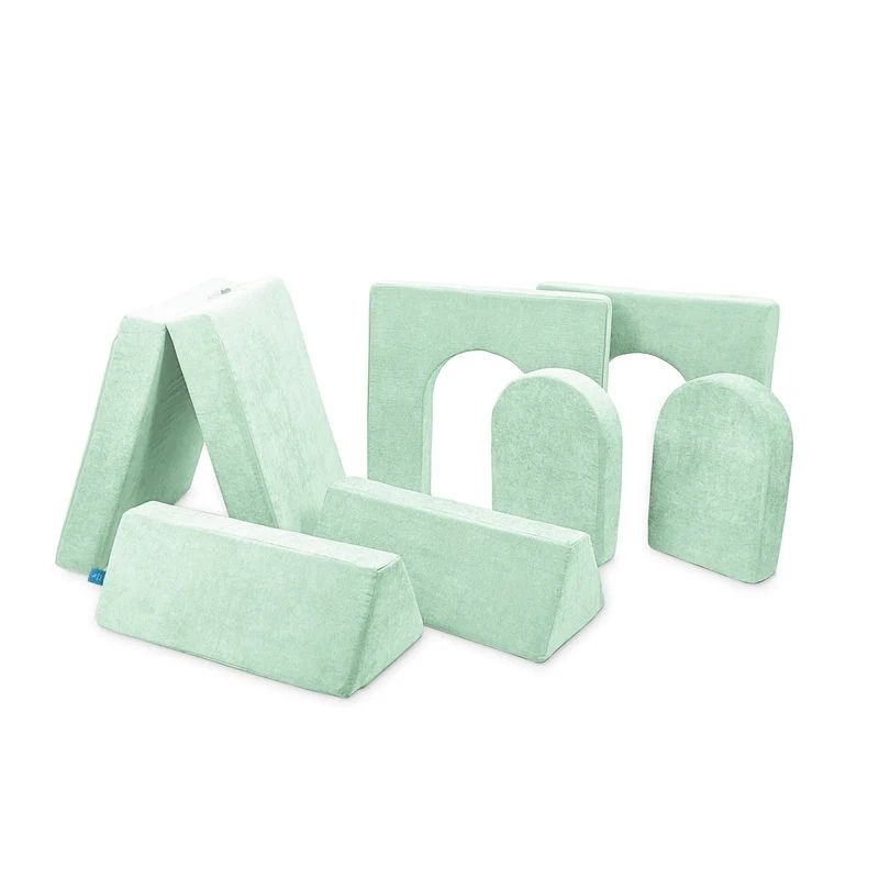 Go Coconut Builder Bundle in Cool Cucumber showing the 7-piece modular foam play couch with walls and doors for fort, castle, and store building play, 100% made in Canada with lifetime warranty