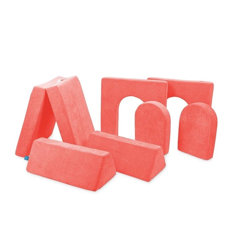 Go Coconut Builder Bundle in Coral Crush showing the full 7-piece CertiPUR foam fort building play couch with 2 thin walls and 2 doors for enclosed fort and castle play configurations, made in Canada