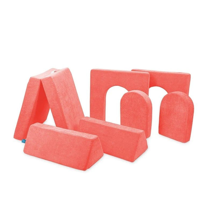 Go Coconut Builder Bundle in Coral Crush showing the full 7-piece CertiPUR foam fort building play couch with 2 thin walls and 2 doors for enclosed fort and castle play configurations, made in Canada
