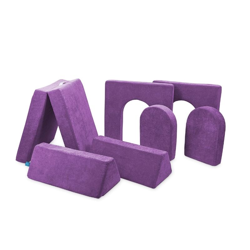 Go Coconut Builder Bundle in Groovy Grape showing the 7-piece modular foam play couch with 5in walls and doors for fort, castle, and store play configurations, 100% made in Canada with lifetime warranty