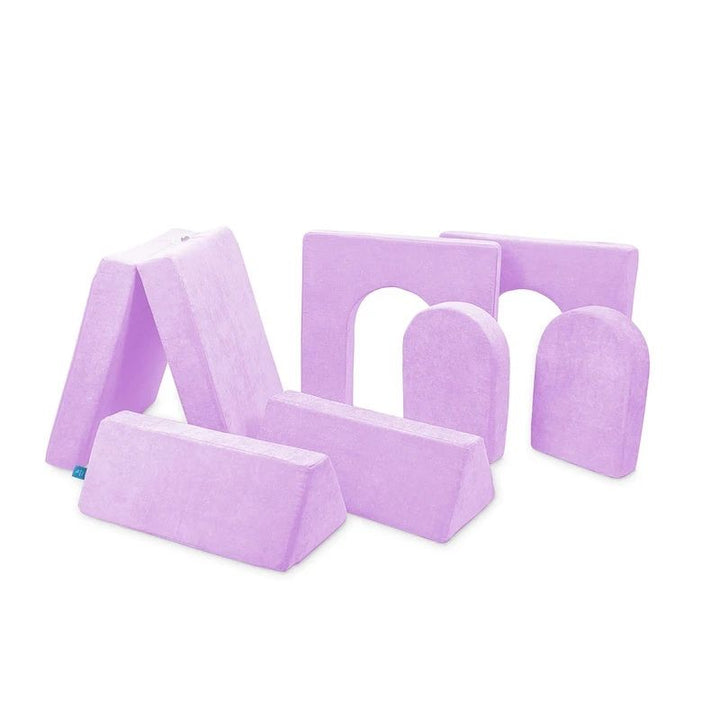Go Coconut Builder Bundle in Lilac Lush showing the 7-piece modular foam play couch with walls and doors, CertiPUR-US certified foam, machine-washable covers, 100% made in Canada with lifetime warranty