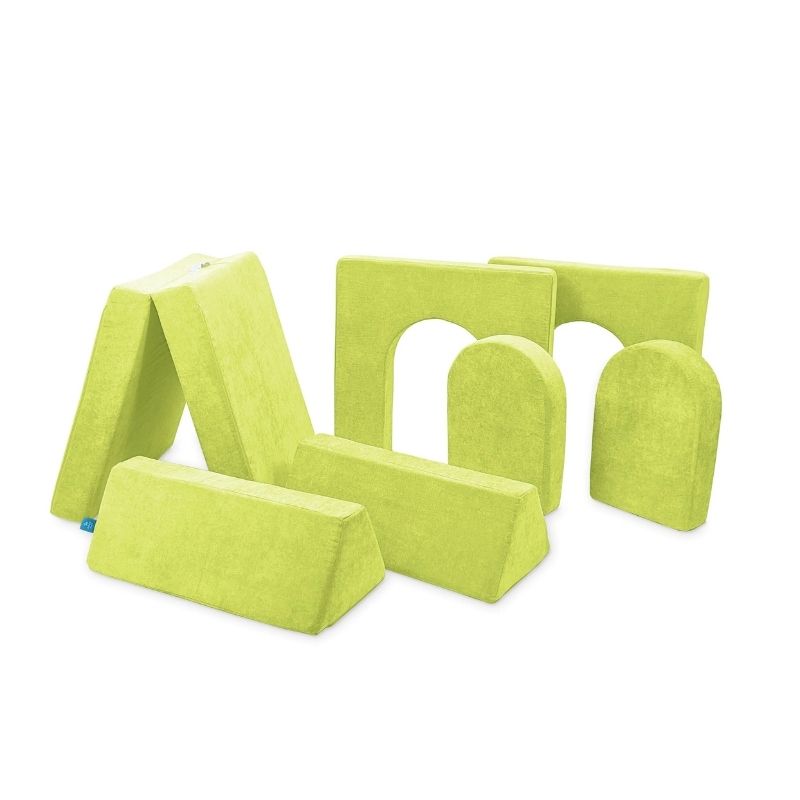 Go Coconut Builder Bundle in Lima Limon showing the modular foam fort building play couch in 7 pieces with machine-washable covers and fire-retardant CertiPUR foam, 100% made in Canada