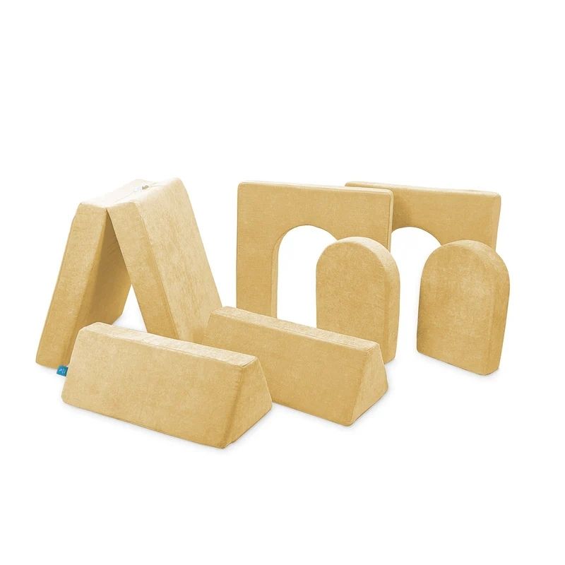 Go Coconut Builder Bundle in Mango Blast showing the 7-piece CertiPUR foam play couch with walls and doors for castle, store, and enclosed space fort building play configurations