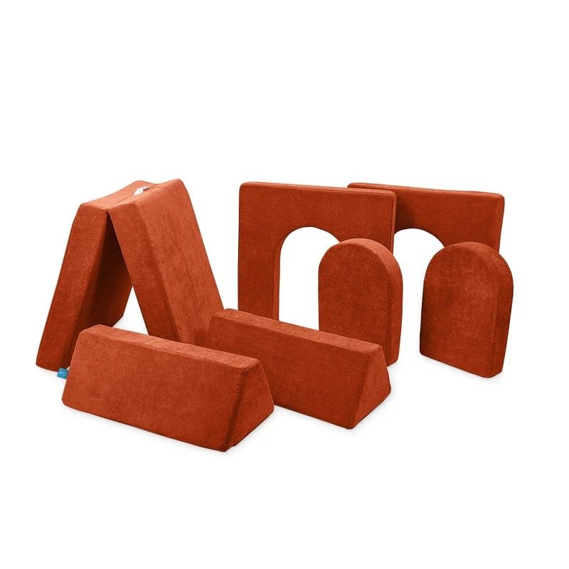 Go Coconut Builder Bundle in Orange showing the modular CertiPUR foam fort building play couch with 2 flat top beams, 1 solid thick base, 2 thin walls, and 2 doors for imaginative enclosed play