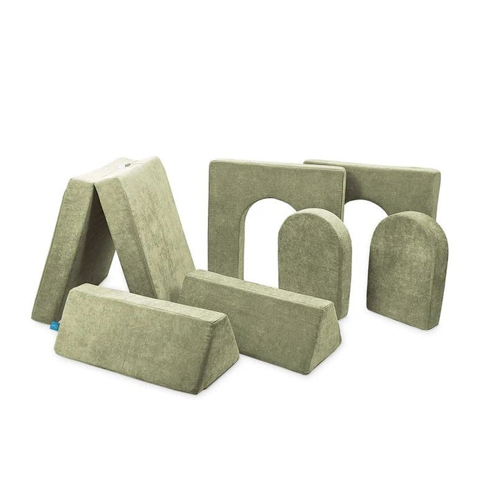 Go Coconut Builder Bundle in Pale Green showing the full 7-piece modular foam fort building play couch with Durable Micro Velveteen covers made 100% in Canada with lifetime warranty
