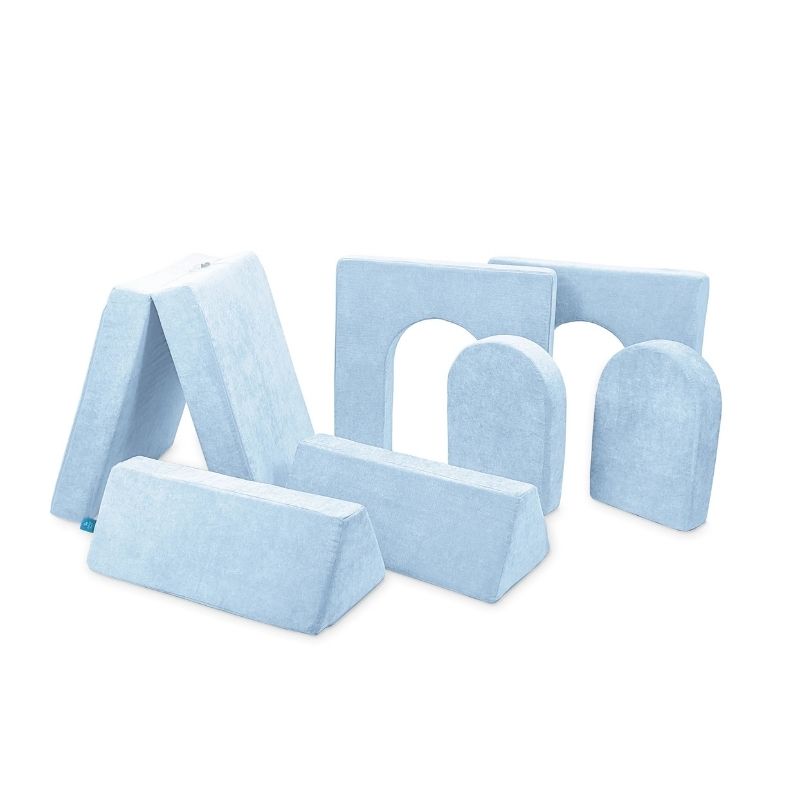 Go Coconut Builder Bundle in Polar Plush showing all 7 pieces - 2 flat top beams, 1 solid thick base, 2 thin walls, and 2 doors - the CertiPUR-US certified modular fort building play couch, 100% made in Canada