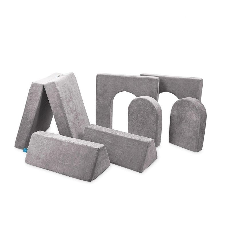 Go Coconut Builder Bundle in Rhino Tango showing the 7-piece modular CertiPUR foam play couch with walls and doors designed for fort, castle, and store building play with children of all abilities
