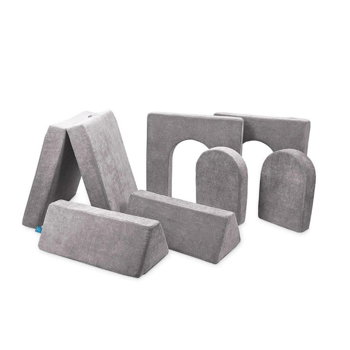 Go Coconut Builder Bundle in Rhino Tango showing the 7-piece modular CertiPUR foam play couch with walls and doors designed for fort, castle, and store building play with children of all abilities