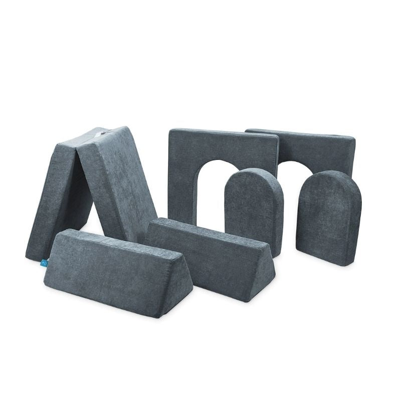 Go Coconut Builder Bundle in River Stone showing the full 7-piece CertiPUR-US certified foam play couch set with 2 beams, 1 base, 2 thin walls, and 2 doors for imaginative fort building and creative play