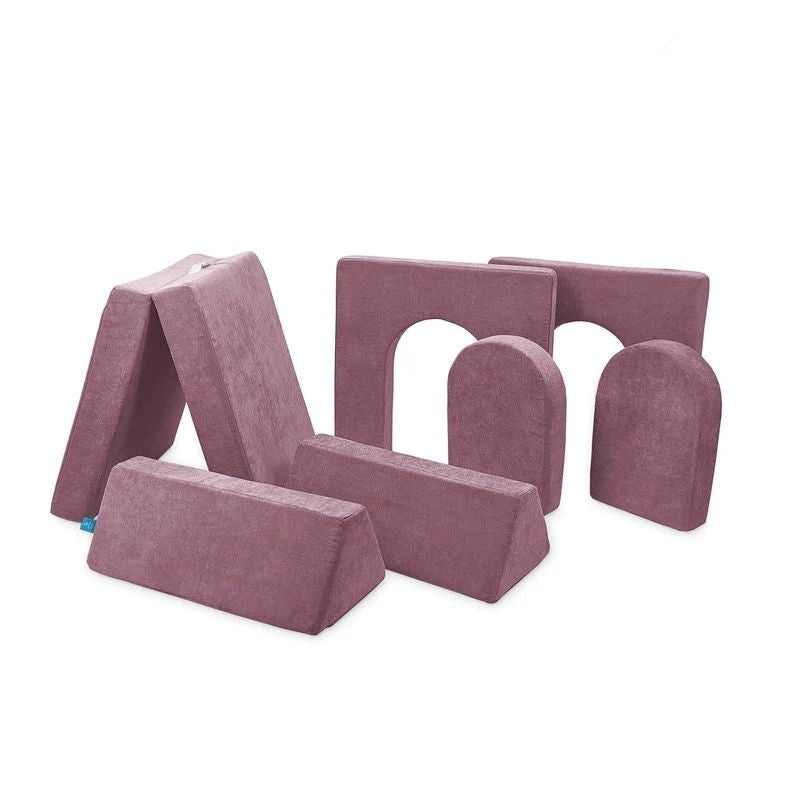Go Coconut Builder Bundle in Rose Blush showing the 7-piece CertiPUR-US certified modular foam play couch with walls and doors for store, castle, and fort building play configurations
