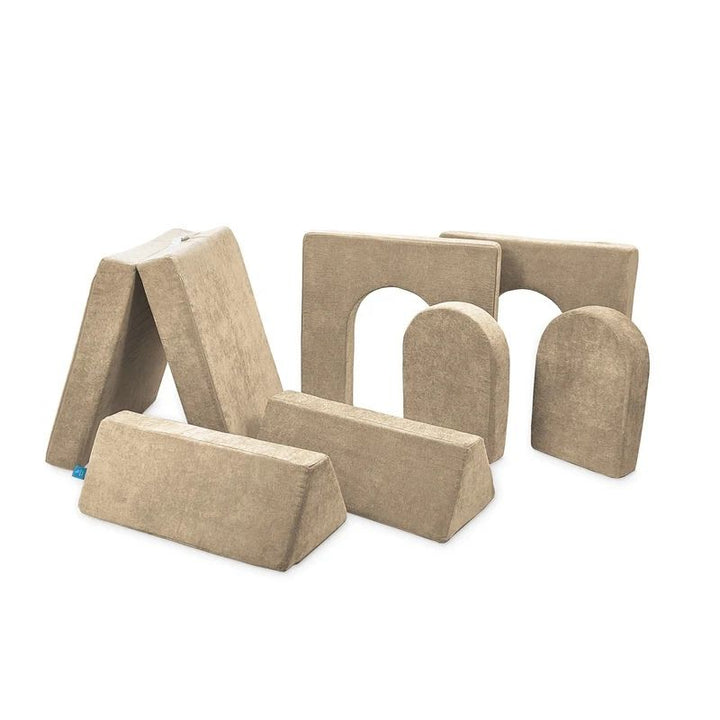 Go Coconut Builder Bundle in Sand Dune showing the full 7-piece modular foam play couch with 5in walls and doors, CertiPUR-US certified foam, and machine-washable covers made 100% in Canada