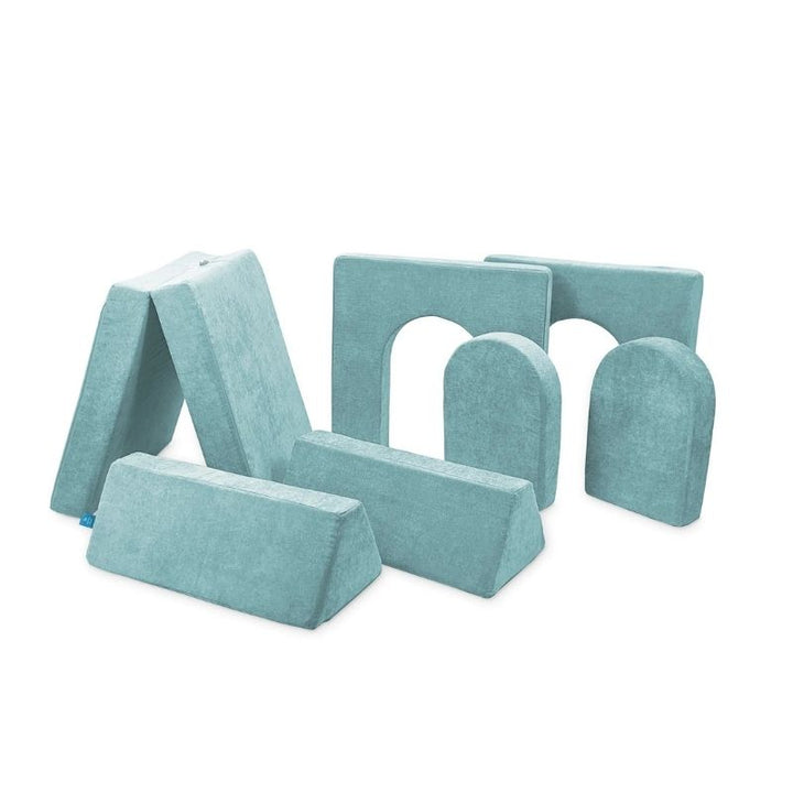 Go Coconut Builder Bundle in Sea Berry showing the modular foam play couch with 2 flat top beams, 1 solid base, 2 thin walls, and 2 doors for creative enclosed fort building play, 100% made in Canada