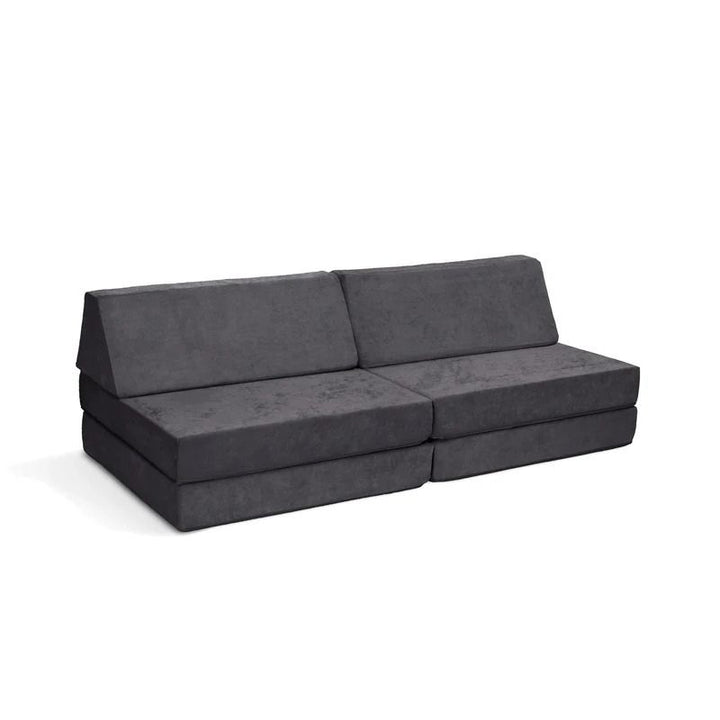 Go Coconut - The Coconut play couch in Charcoal Chill showing the full modular foam layout with Durable Micro Velveteen cover, 100% made in Canada with CertiPUR-US certified foam and lifetime warranty