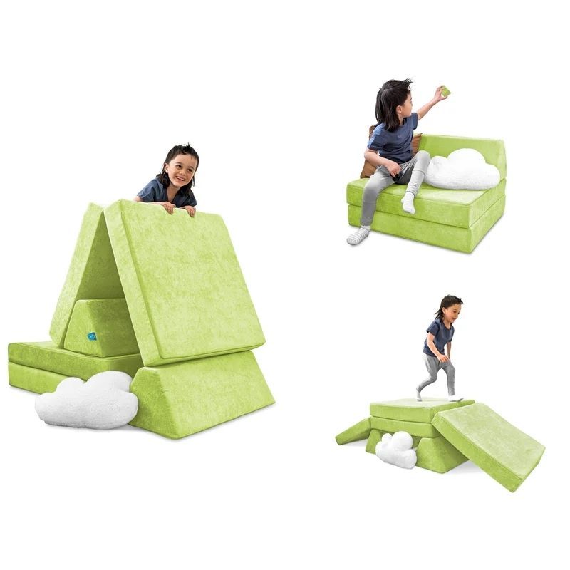 Child building and playing on Go Coconut - The Coconut in Lima Limon showing the open-ended Montessori-inspired foam configurations and sensory play value of the 100% Canadian-made play couch