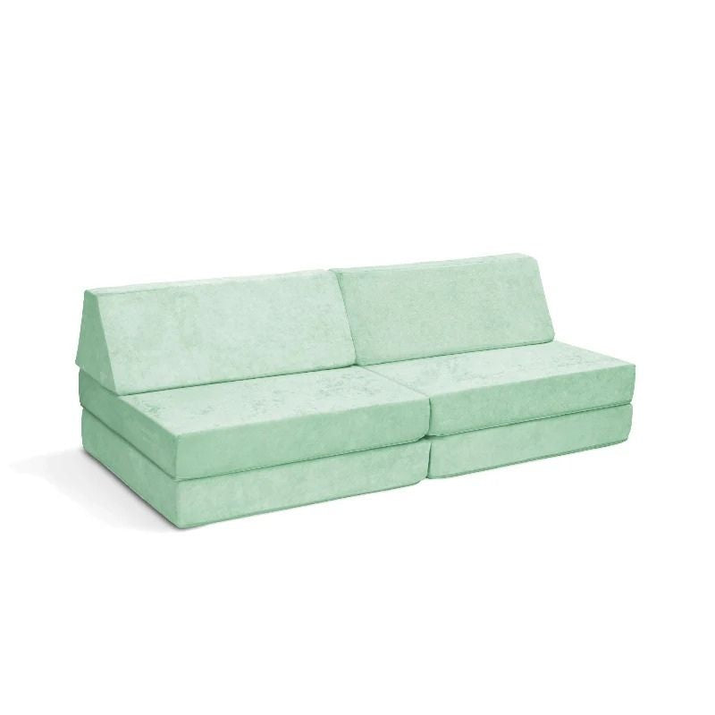 Go Coconut - The Coconut play couch in Cool Cucumber showing the full modular foam layout with Durable Micro Velveteen cover available in 21 colours, 100% made in Canada