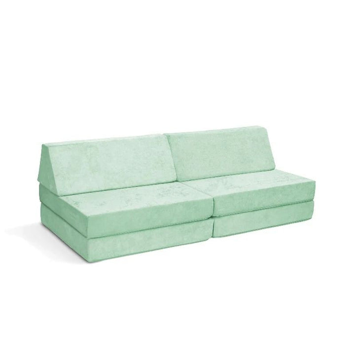 Go Coconut - The Coconut play couch in Cool Cucumber showing the full modular foam layout with Durable Micro Velveteen cover available in 21 colours, 100% made in Canada
