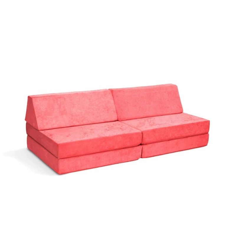 Go Coconut - The Coconut play couch in Coral Crush showing the full 60x30x20in modular foam construction with removable Durable Micro Velveteen cover, 100% made in Canada with CertiPUR-US foam