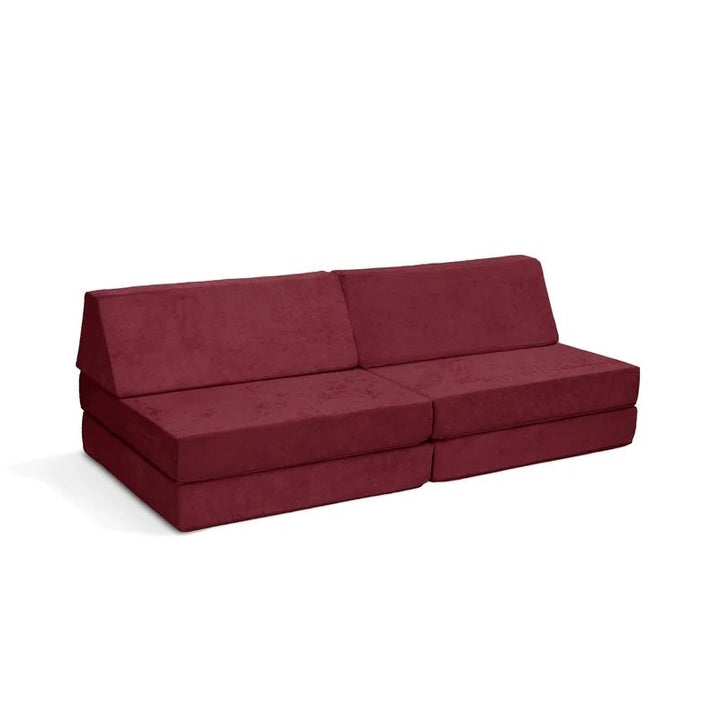 Go Coconut - The Coconut play couch in Cranberry Rain showing the full 60x30x20in modular foam play couch with removable Durable Micro Velveteen cover, 100% made in Canada