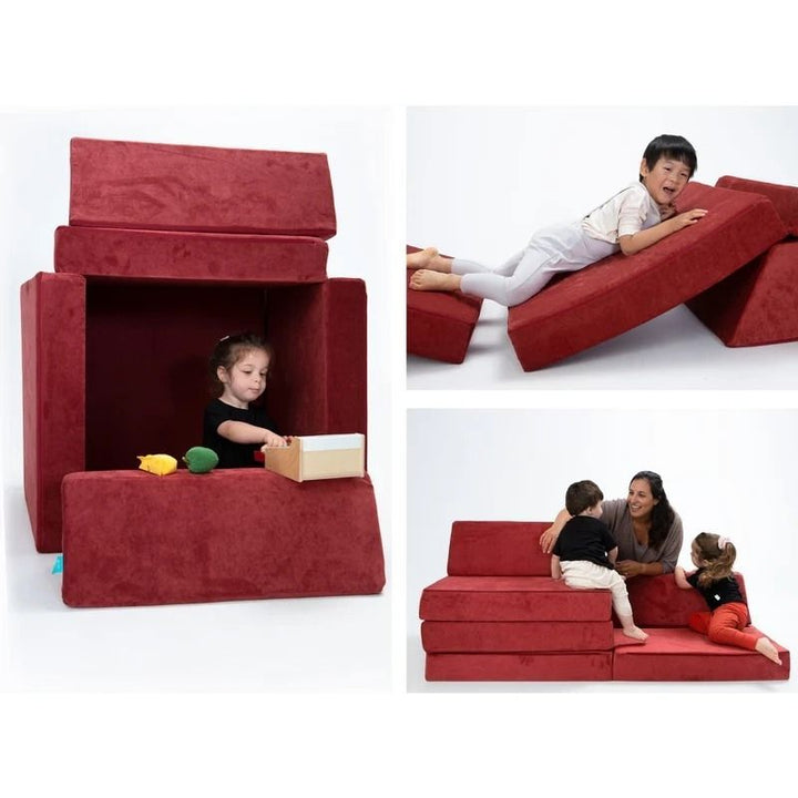 Mother and children actively playing on Go Coconut - The Coconut in Brick Red demonstrating the Montessori-inspired open-ended foam configurations of the Canadian-made modular play couch