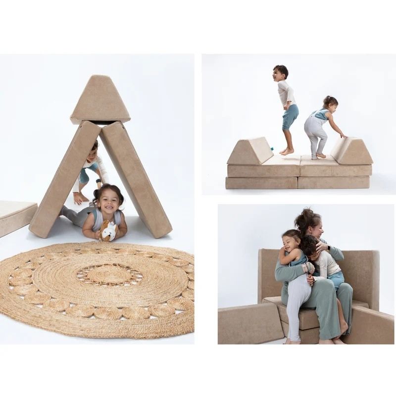 Mother and children actively enjoying Go Coconut - The Coconut in Sand Dune demonstrating the family lounging and creative play value of the modular CertiPUR-US certified Canadian-made play couch