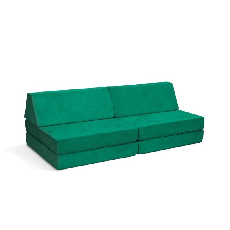 Go Coconut - The Coconut play couch in Forest Fern showing the full 60x30x20in modular foam construction with removable Durable Micro Velveteen cover, 100% made in Canada with CertiPUR foam