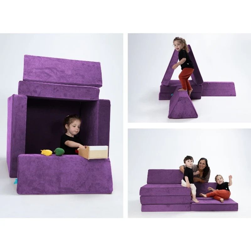 Children and family actively playing on Go Coconut - The Coconut modular play couch, demonstrating the open-ended Montessori-inspired foam configuration possibilities for lounging, building, and creative play