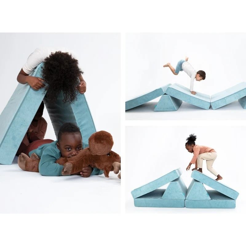 Children playing on Go Coconut - The Coconut in Sea Berry demonstrating the creative building, lounging, and sensory play possibilities of the Montessori-inspired Canadian-made modular play couch