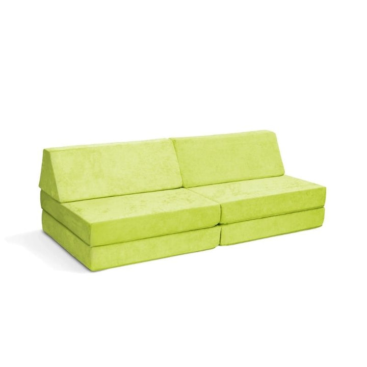 Go Coconut - The Coconut play couch in Lima Limon showing the full modular CertiPUR-US certified foam play couch with Durable Micro Velveteen cover, 100% made in Canada with lifetime warranty
