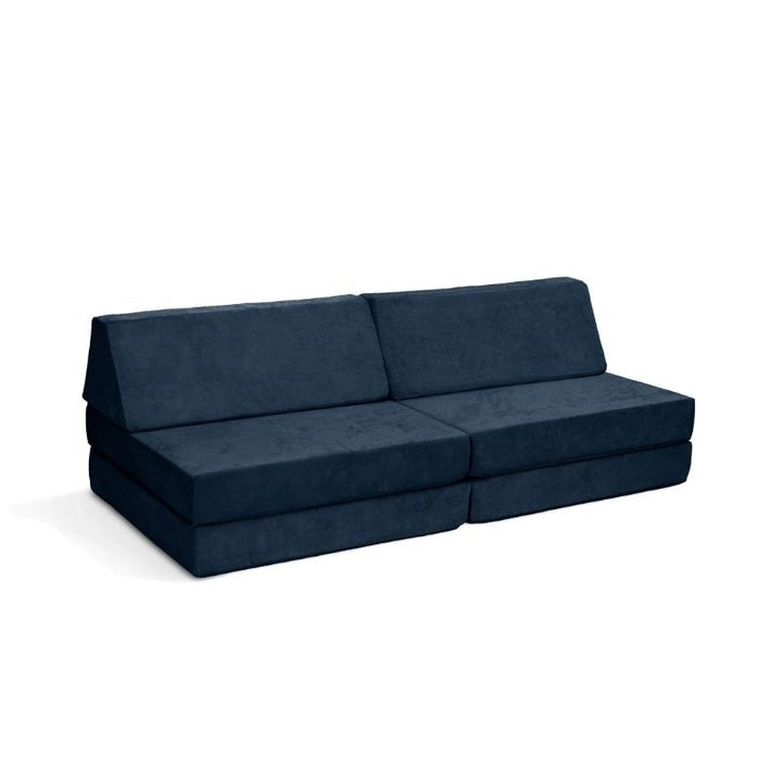 Go Coconut - The Coconut play couch in Midnight Tide showing the full 60x30x20in modular foam play couch with Durable Micro Velveteen cover, 100% made in Canada with CertiPUR-US certified foam
