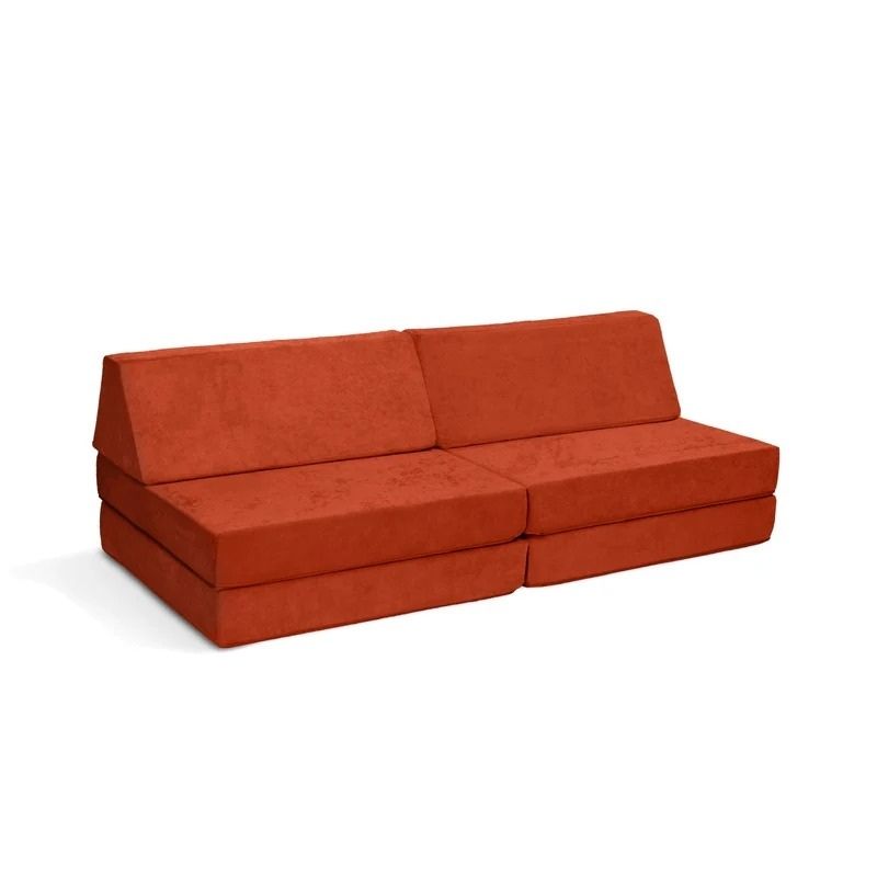 Go Coconut - The Coconut play couch in Orange showing the full 60x30x20in modular foam construction with removable Durable Micro Velveteen cover, 100% made in Canada with CertiPUR-US certified foam