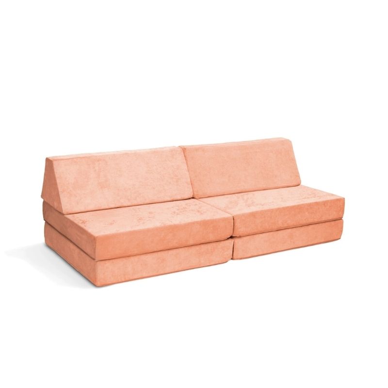 Go Coconut - The Coconut play couch in Peach Party showing the full modular CertiPUR-US certified foam play couch with Durable Micro Velveteen cover and lifetime warranty, 100% made in Canada