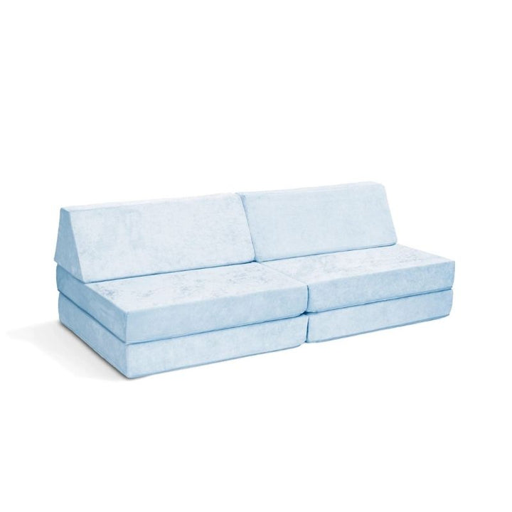 Go Coconut - The Coconut play couch in Polar Plush showing the full 60x30x20in modular foam construction with removable Durable Micro Velveteen cover, 100% made in Canada with CertiPUR foam
