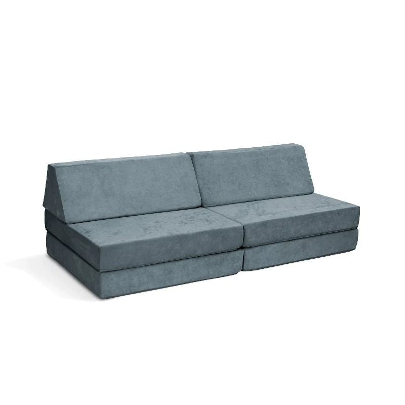 Go Coconut - The Coconut play couch in River Stone showing the full 60x30x20in modular foam play couch with Durable Micro Velveteen cover, 100% made in Canada with CertiPUR-US certified foam
