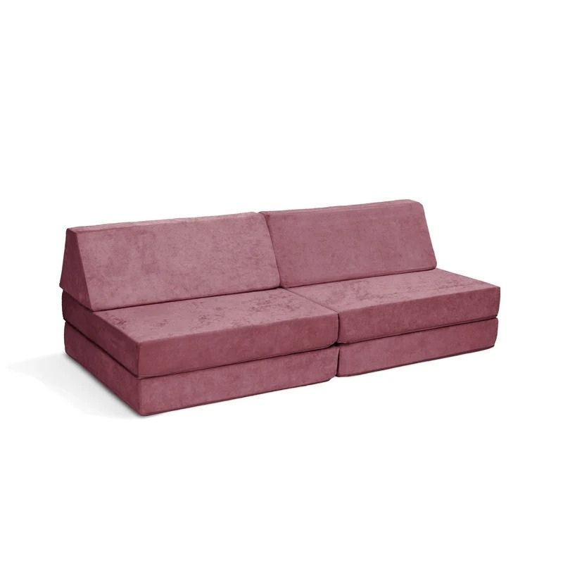 Go Coconut - The Coconut play couch in Rose Blush showing the full 60x30x20in modular foam play couch with removable Durable Micro Velveteen cover, 100% made in Canada with CertiPUR foam