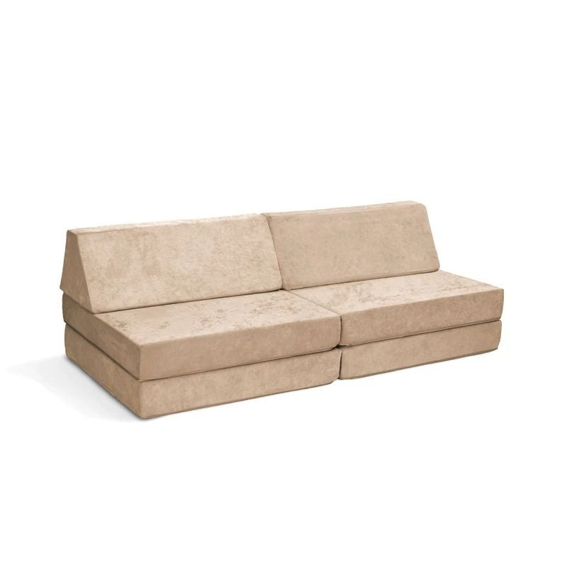 Go Coconut - The Coconut play couch in Sand Dune showing the full 60x30x20in modular foam construction with removable Durable Micro Velveteen cover, 100% made in Canada with CertiPUR foam