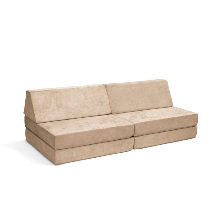 Go Coconut - The Coconut play couch in Sand Dune showing the full 60x30x20in modular foam construction with removable Durable Micro Velveteen cover, 100% made in Canada with CertiPUR foam