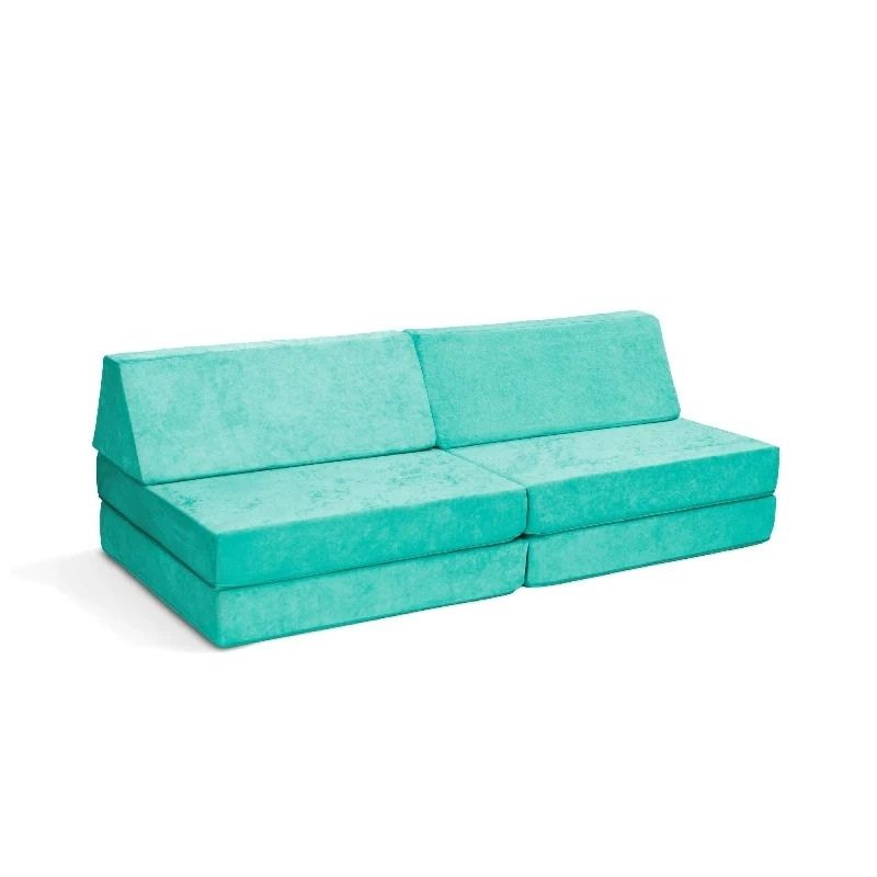 Go Coconut - The Coconut play couch in Tropical Teal showing the full modular foam layout with machine-washable Durable Micro Velveteen cover, 100% made in Canada with CertiPUR-US certified foam