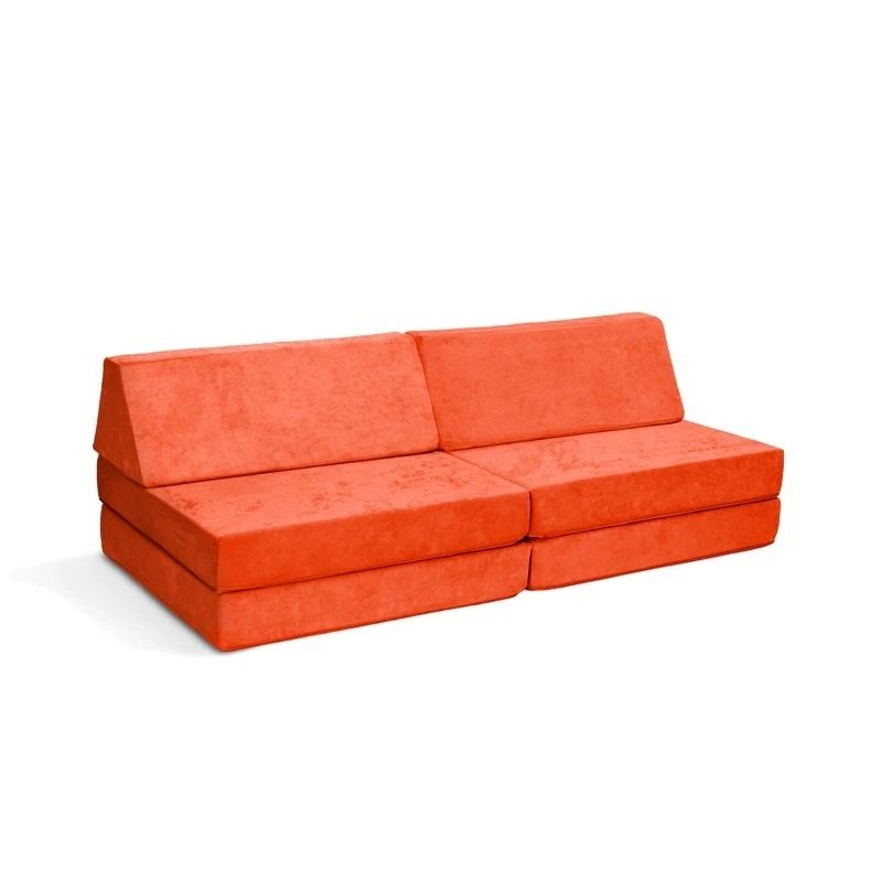 Go Coconut - The Coconut play couch in Twisty Tangerine showing the full 60x30x20in modular CertiPUR-US certified foam play couch with Durable Micro Velveteen cover, 100% made in Canada