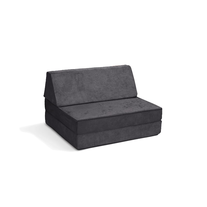 Go Coconut Half Coconut modular play couch in Charcoal Chill grey, landscape view of the base and beam foam furniture