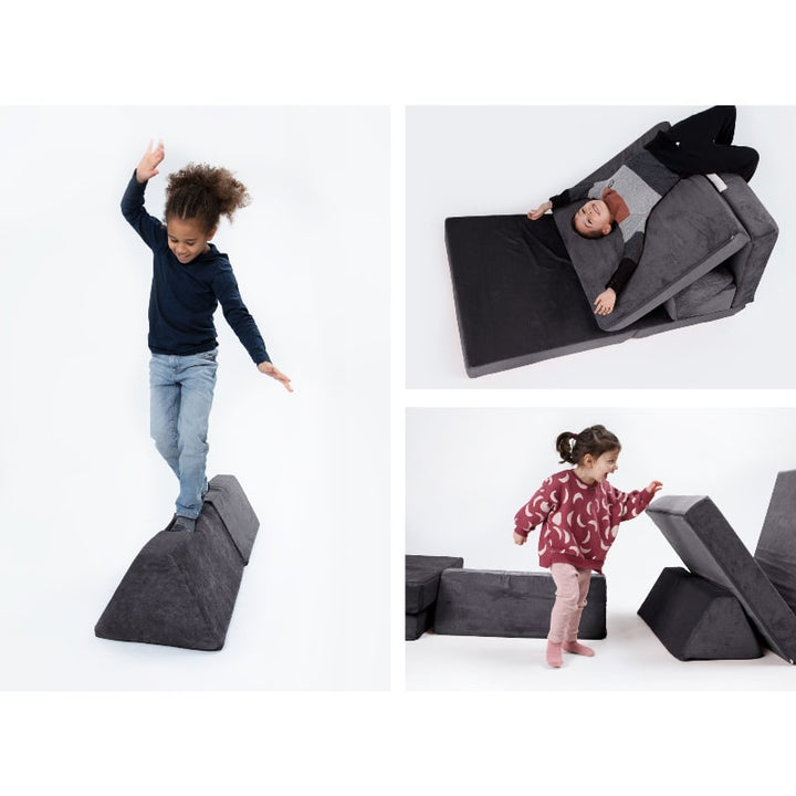Go Coconut Half Coconut in Charcoal Chill showing three modular configurations for sensory, motor and creative kids play