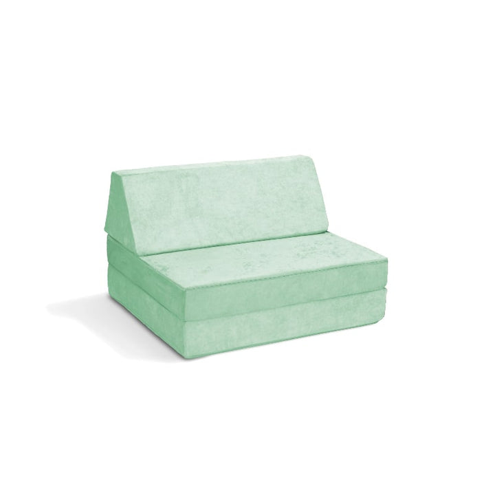 Go Coconut Half Coconut compact modular play couch in Cool Cucumber mint, landscape view of the 2-piece sensory play furniture