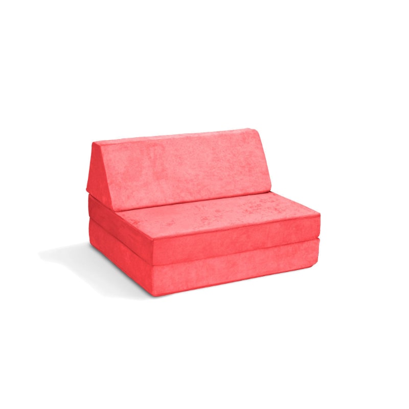 Go Coconut Half Coconut compact modular play couch in Coral Crush, landscape view of the 2-piece sensory play foam furniture