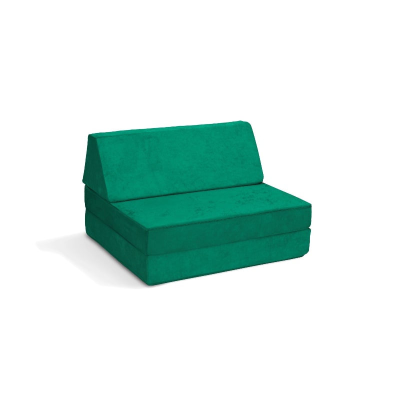 Go Coconut Half Coconut modular play couch in Forest Fern green, landscape view of the compact base and beam sensory furniture