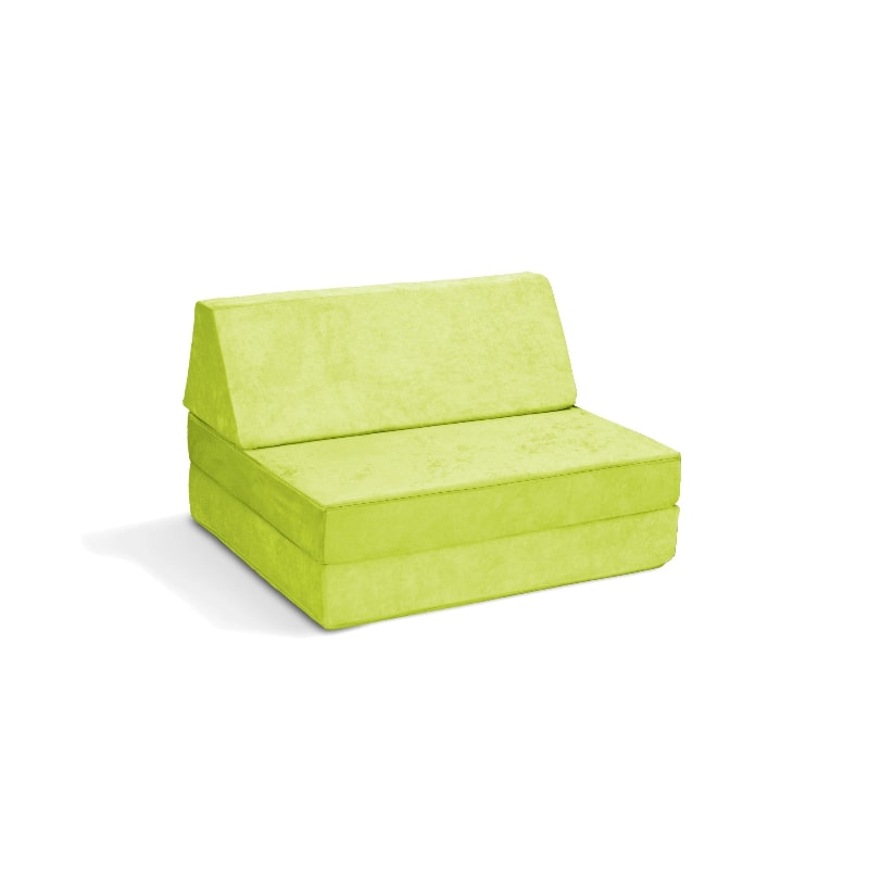 Go Coconut Half Coconut modular play couch in Lima Limon lime green, landscape view of the compact base and beam configuration