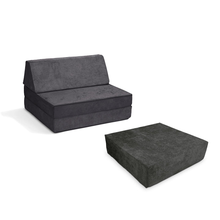 Go Coconut Half-Coconut Maxi Bundle compact modular play couch and Maxi Cocohop Bounce Pad in Charcoal Chill, a deep charcoal Canadian-made kids' indoor play set with CertiPUR-certified foam