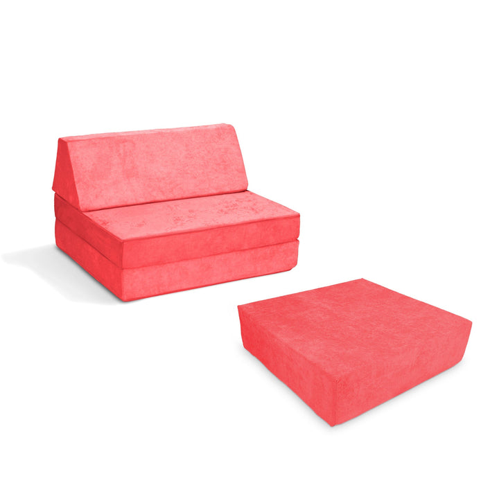 Go Coconut Half-Coconut Maxi Bundle compact modular play couch and Maxi Cocohop Bounce Pad in Coral Crush, a warm coral-pink Canadian-made kids' indoor foam play set with CertiPUR-certified foam