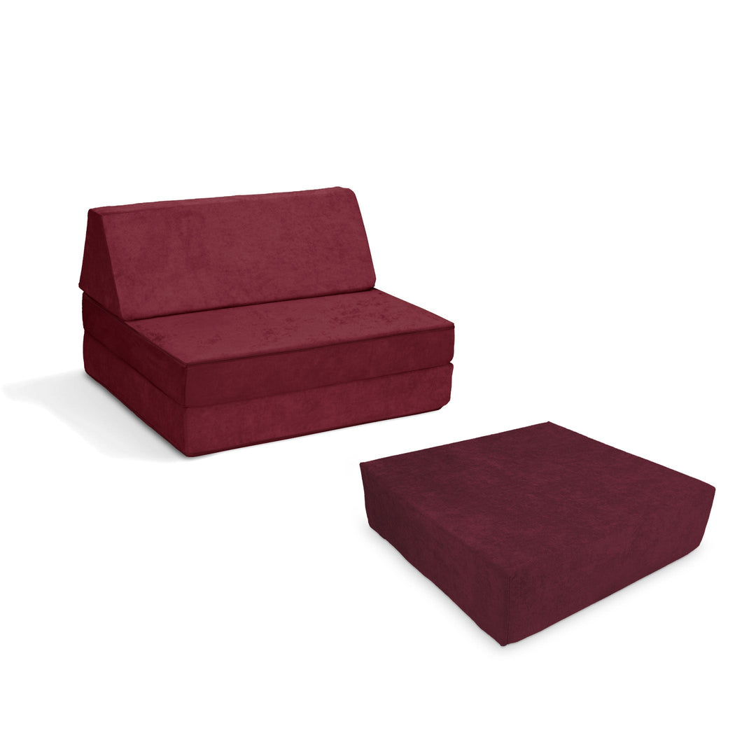 Go Coconut Half-Coconut Maxi Bundle compact modular play couch and Maxi Cocohop Bounce Pad in Cranberry Rain, a deep burgundy Canadian-made kids' indoor foam play set with CertiPUR-certified foam