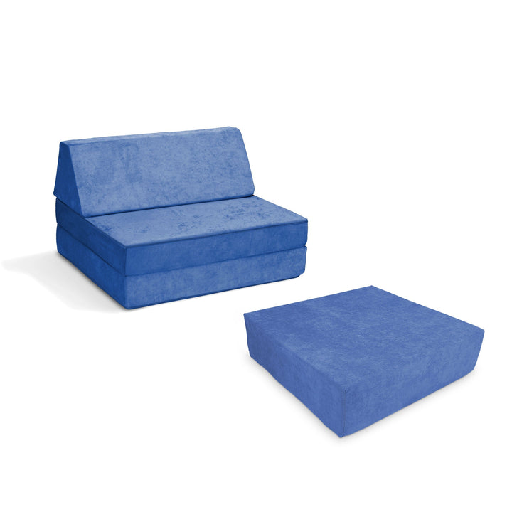 Go Coconut Half-Coconut Maxi Bundle modular kids' play couch and indoor bounce pad in Moon Melon, a bright blue Canadian-made compact foam play set with CertiPUR-certified foam