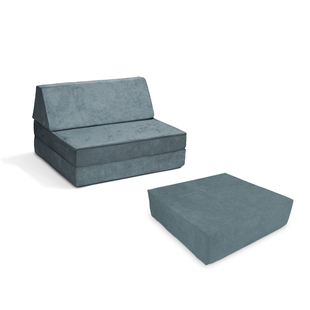Go Coconut Half-Coconut Maxi Bundle modular play couch and indoor bounce pad in River Stone, a cool blue-grey Canadian-made compact kids' foam play set with CertiPUR-certified foam
